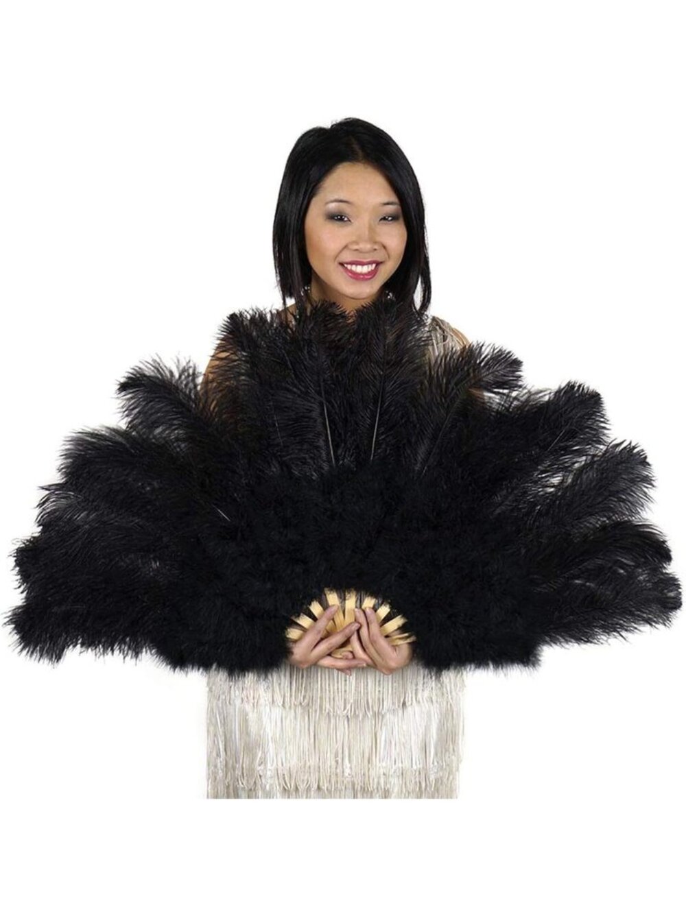 ZUCKER Large Black Ostrich Feather Fan 20 x 36 in Burlesque Showgirl Costume